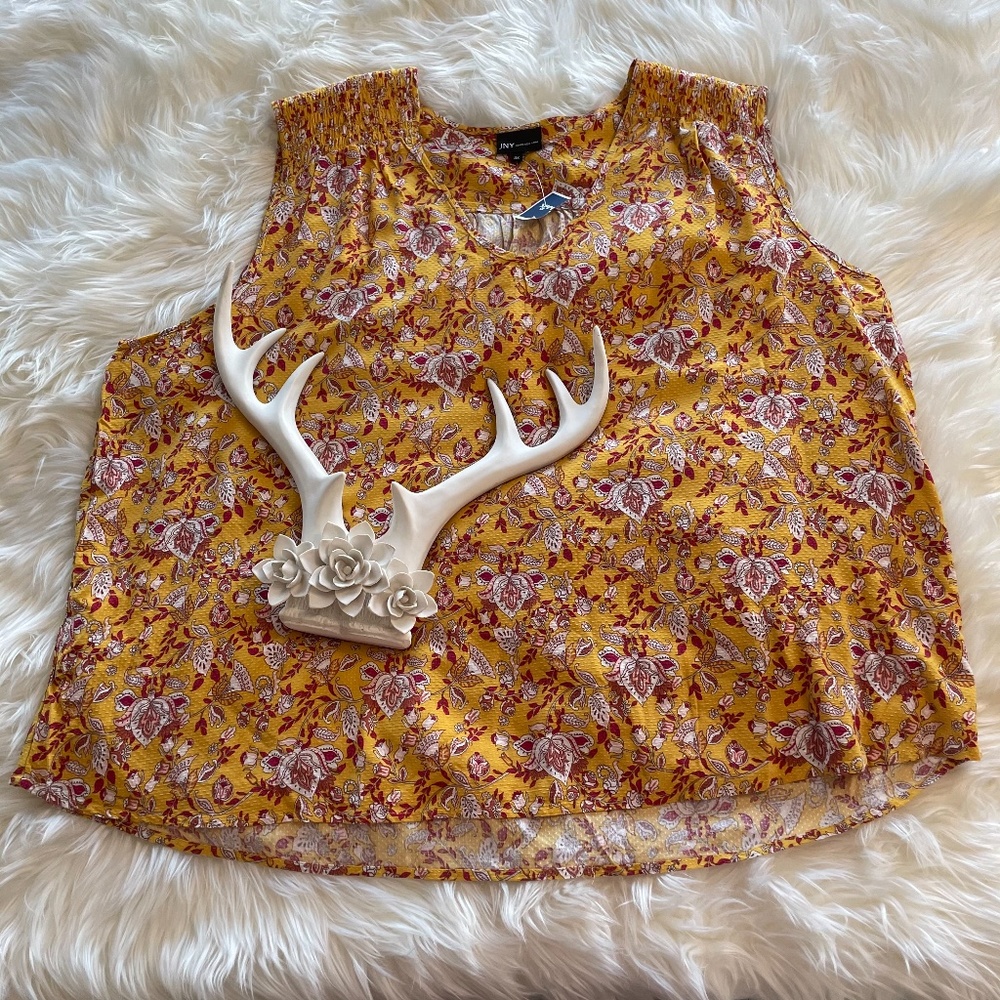 3/$30 Jones New York Womens Yellow Sleeveless Floral Print Pattern Top Size 3X - Picture 3 of 12